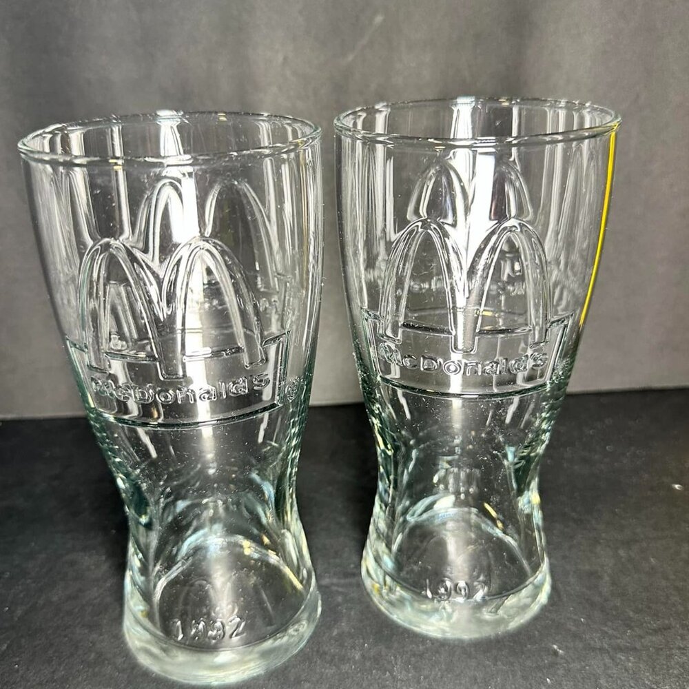 2 Vintage 1992 McDonald's 16 oz. Embossed Clear Soda Drinking Glass